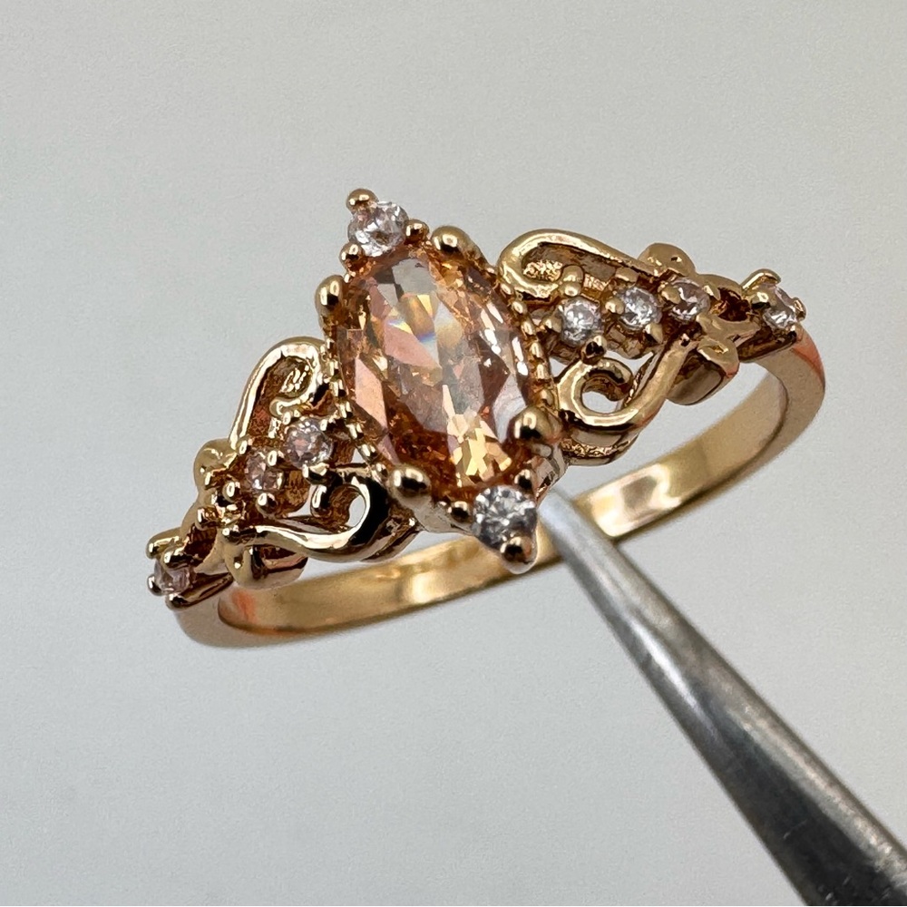 Art Deco Style Champagne Topaz CZ Ring Gold Vintage Inspired Filigree Cocktail